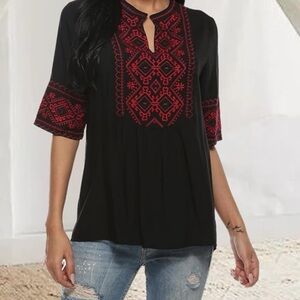 AK Women's Summer V Neck
Boho Embroidered Mexican
Shirts
Short Sleeve Casual Top